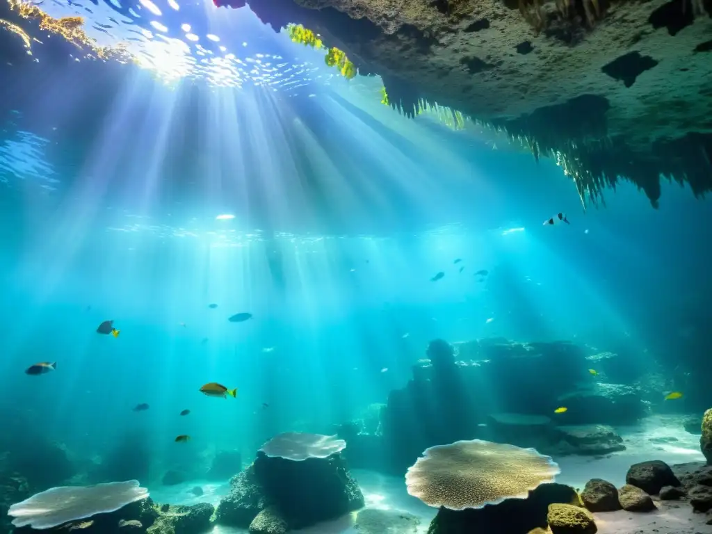 Maravillosa vida marina en cenote, con criaturas sorprendentes, árboles sumergidos y formaciones de piedra caliza