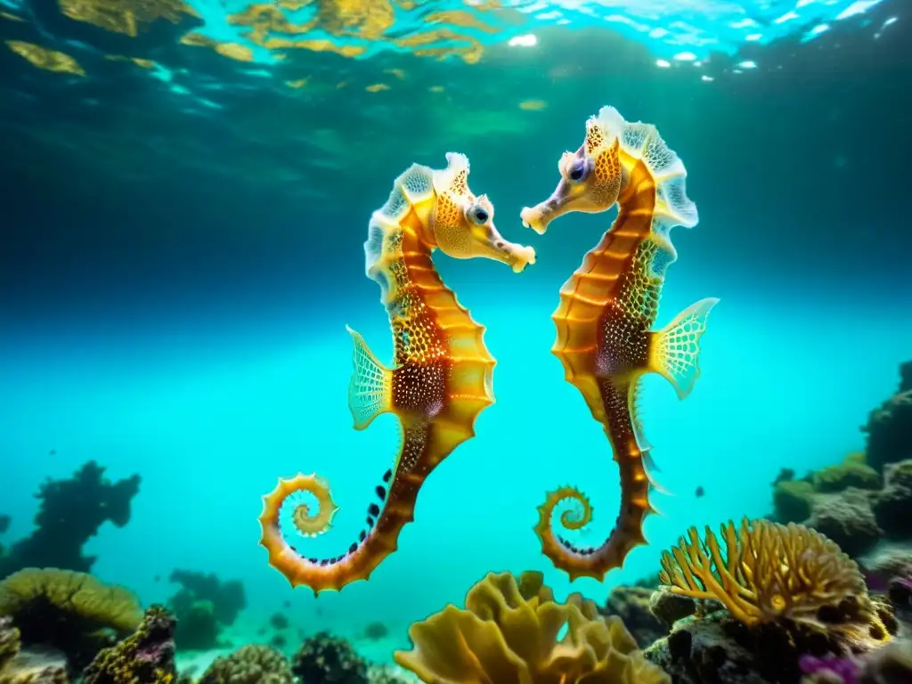 Maravillosa vida marina en Yucatán: seahorses nadando entre corales en aguas cristalinas