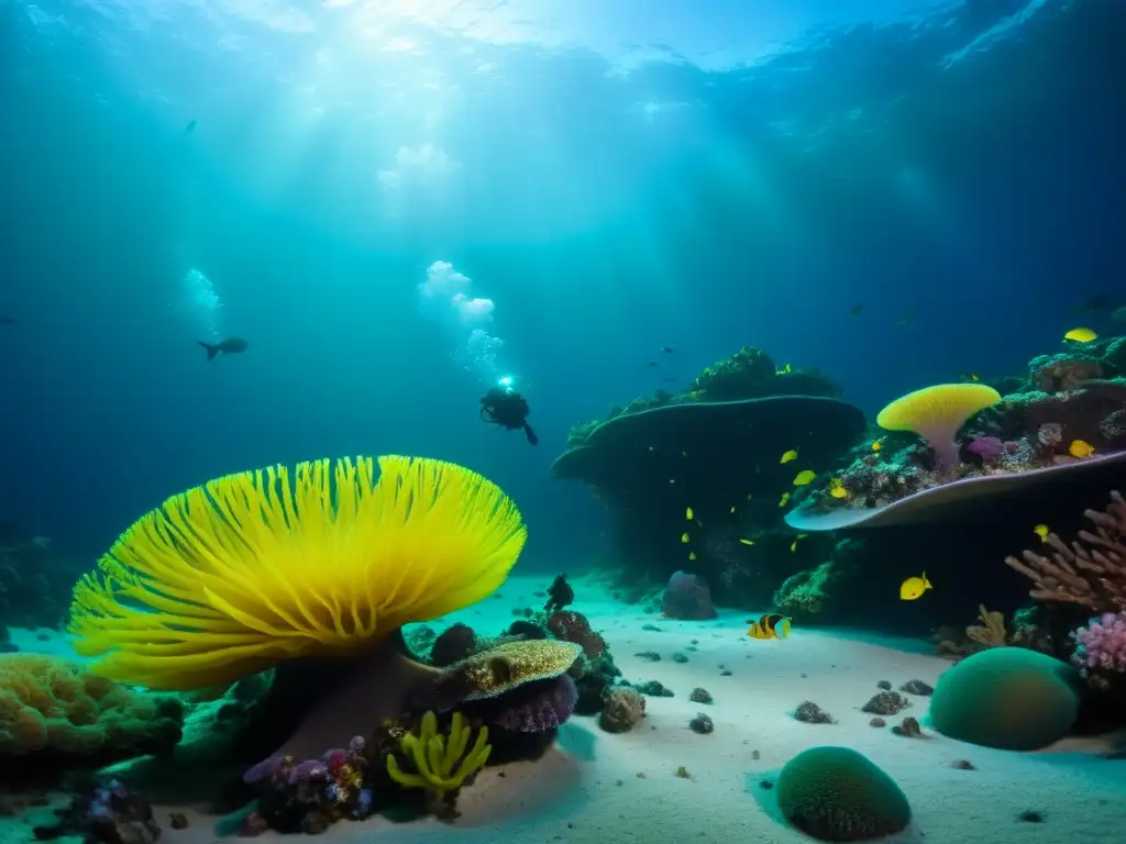 Maravillosa vida submarina en la zona hadal, con criaturas únicas y coloridas, iluminadas por bioluminiscencia natural