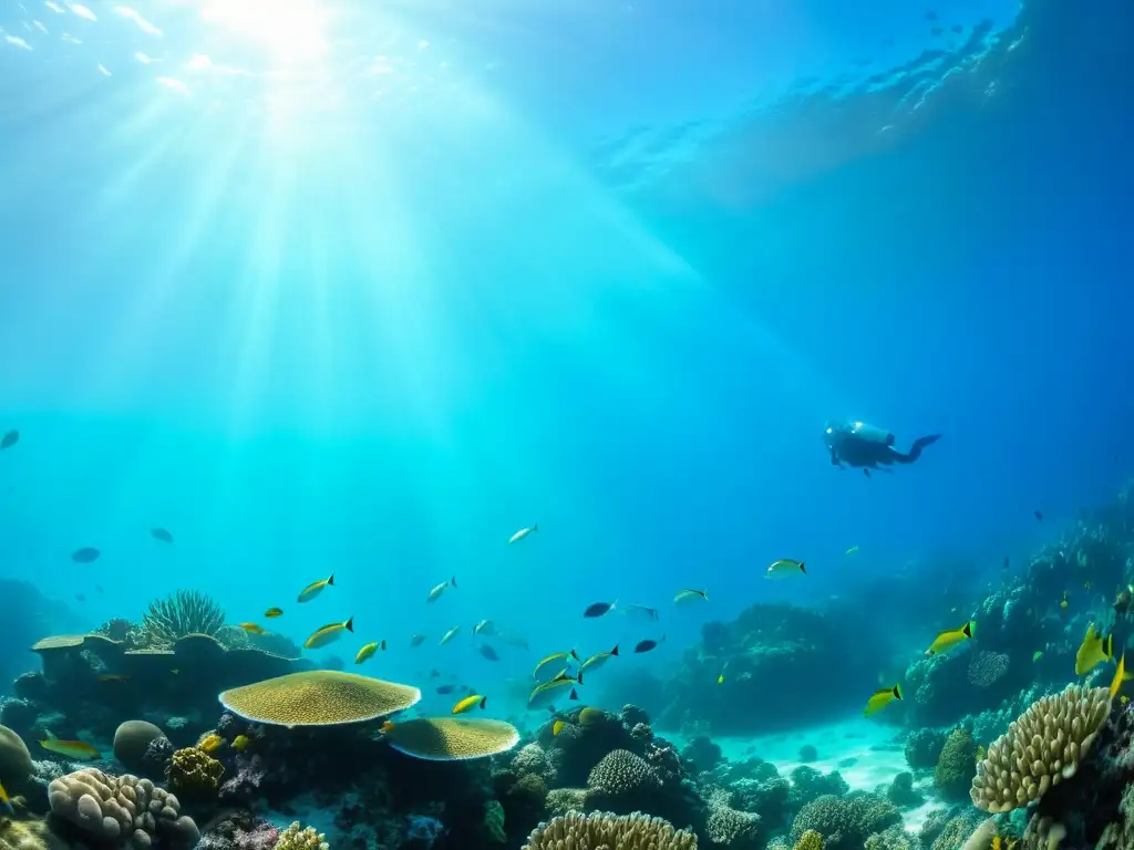 Una maravillosa vista de un arrecife de coral vibrante, con una diversidad marina deslumbrante iluminada por el sol