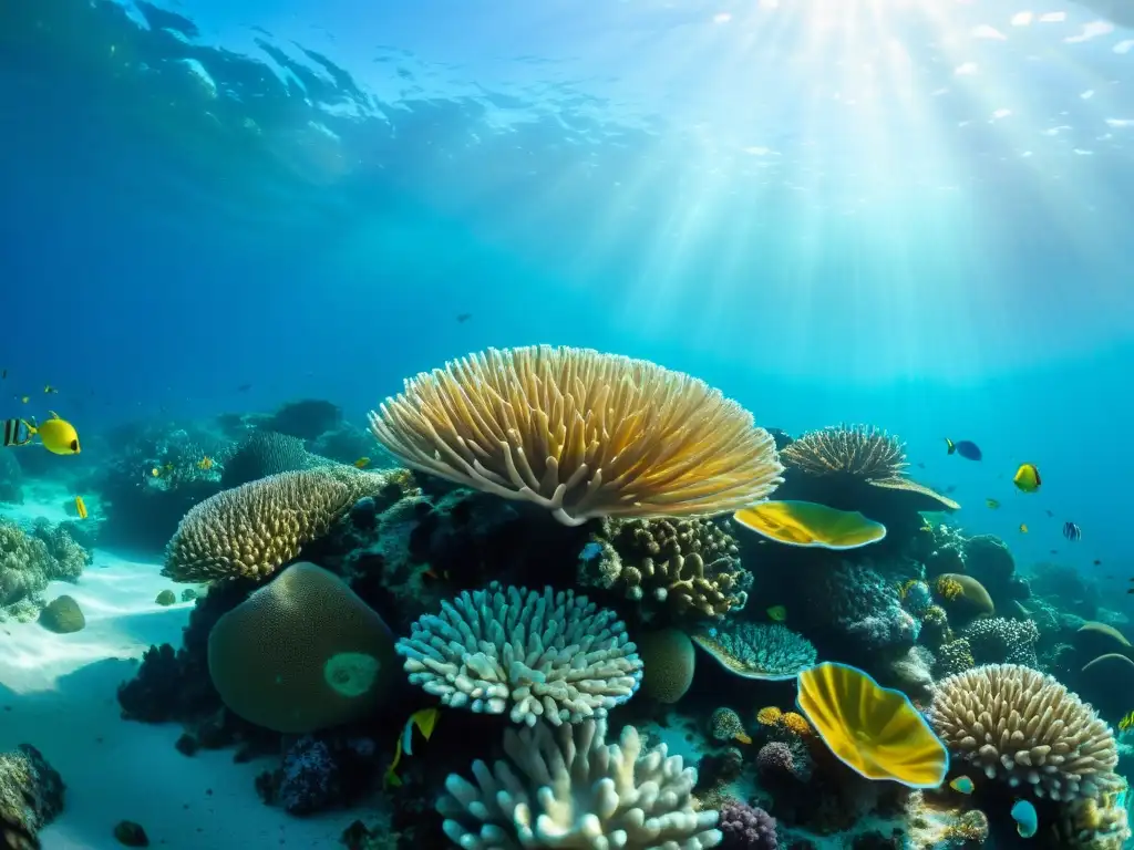 Maravilloso arrecife de coral con impacto pesca artesanal mariscos, peces coloridos y vida marina en aguas turquesas