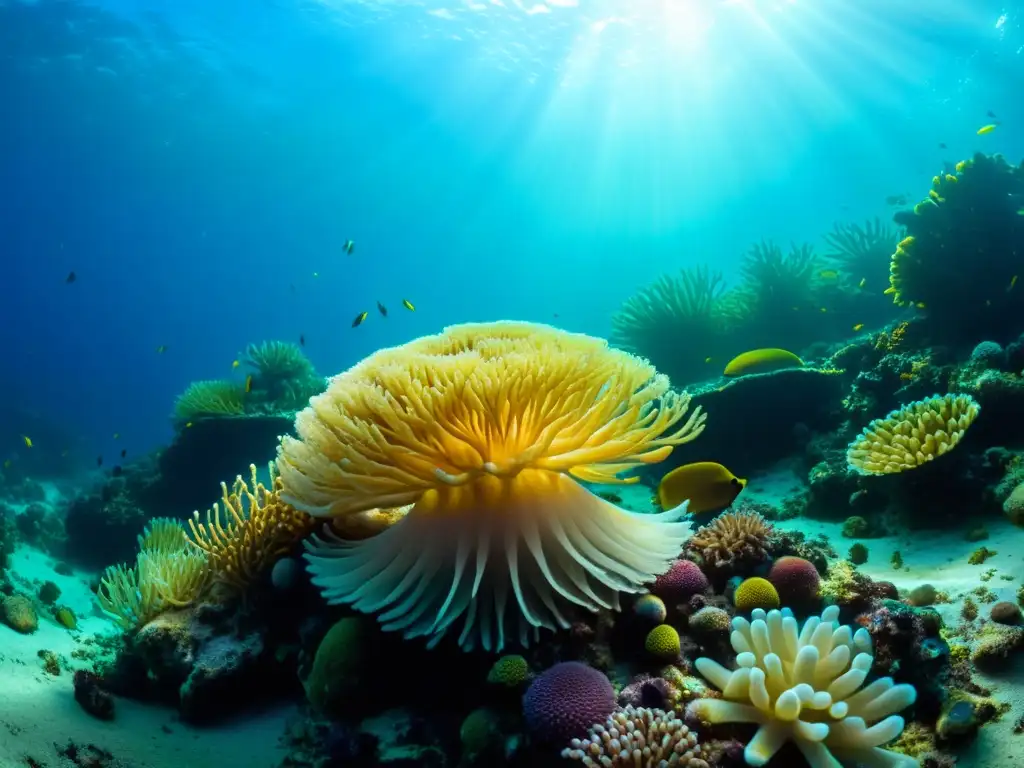 Maravilloso arrecife de coral con invertebrados marinos, anémonas de mar, estrellas de mar y gusanos tubícolas en un vibrante ecosistema submarino