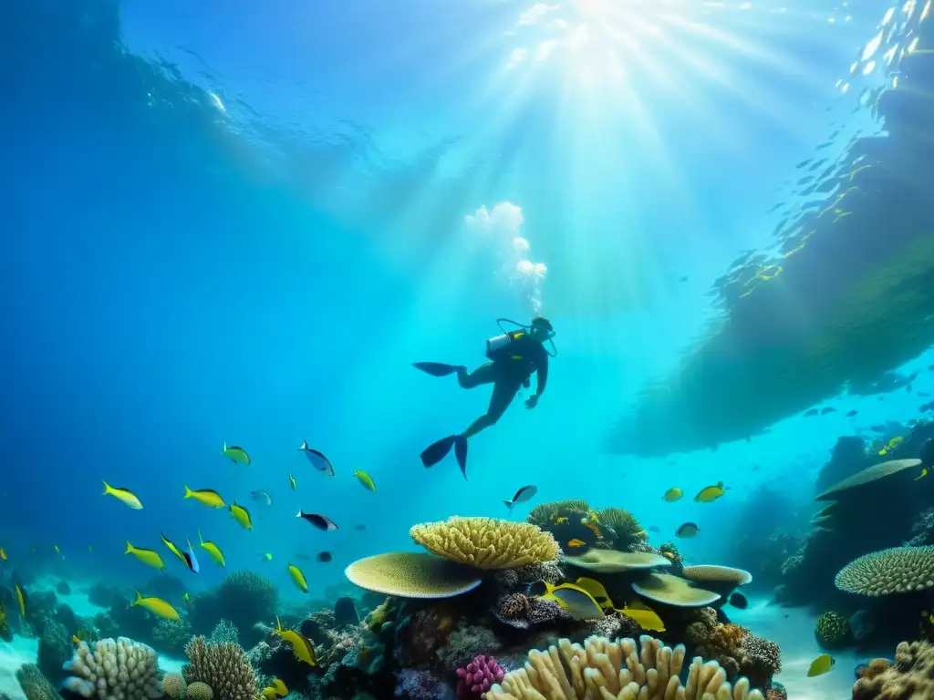 Maravilloso arrecife de coral lleno de vida marina y peces coloridos bajo el agua cristalina