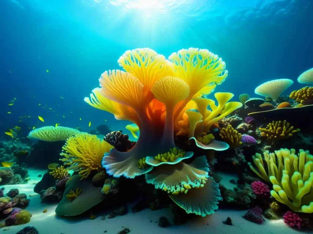 Maravilloso arrecife de coral lleno de vida, con cocolitóforos y microorganismos, bajo la luz del sol en un ecosistema marino vibrante