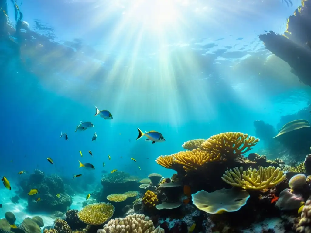 Maravilloso arrecife de coral lleno de vida marina y plantas acuáticas, iluminado por el sol