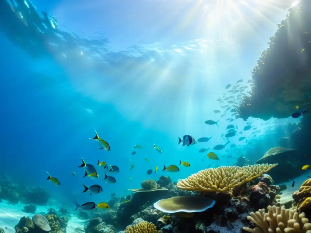 Maravilloso arrecife de coral con peces tropicales y tortuga marina