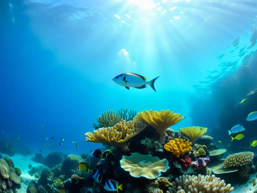 Maravilloso arrecife de coral con peces de colores, agua cristalina y luz solar