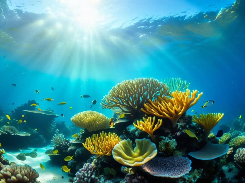 Maravilloso arrecife de coral con peces y plantas marinas bajo el agua cristalina