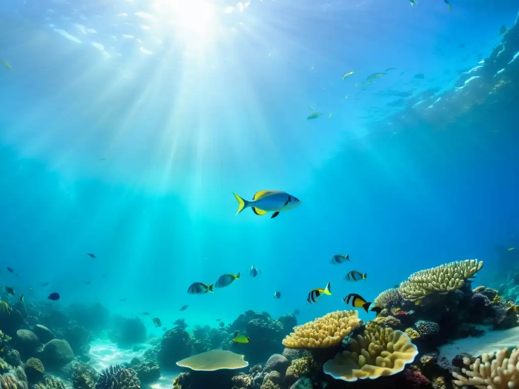 Maravilloso arrecife de coral con soluciones plásticos biodegradables océano, peces iridiscentes y tortuga marina en aguas turquesas