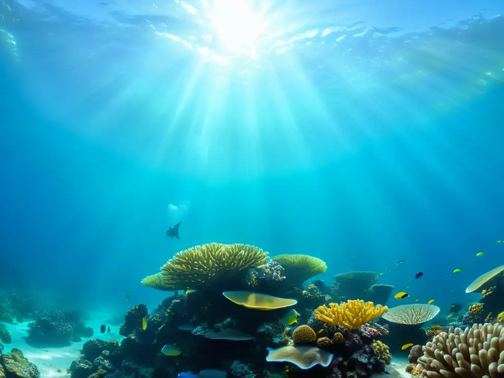 Maravilloso arrecife de coral con vida marina vibrante y máscaras de buceo con visibilidad revolucionaria