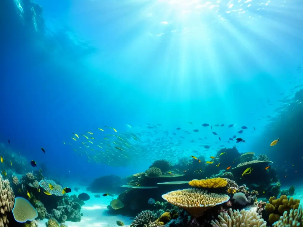 Maravilloso arrecife de coral con vida marina vibrante y luz solar filtrada