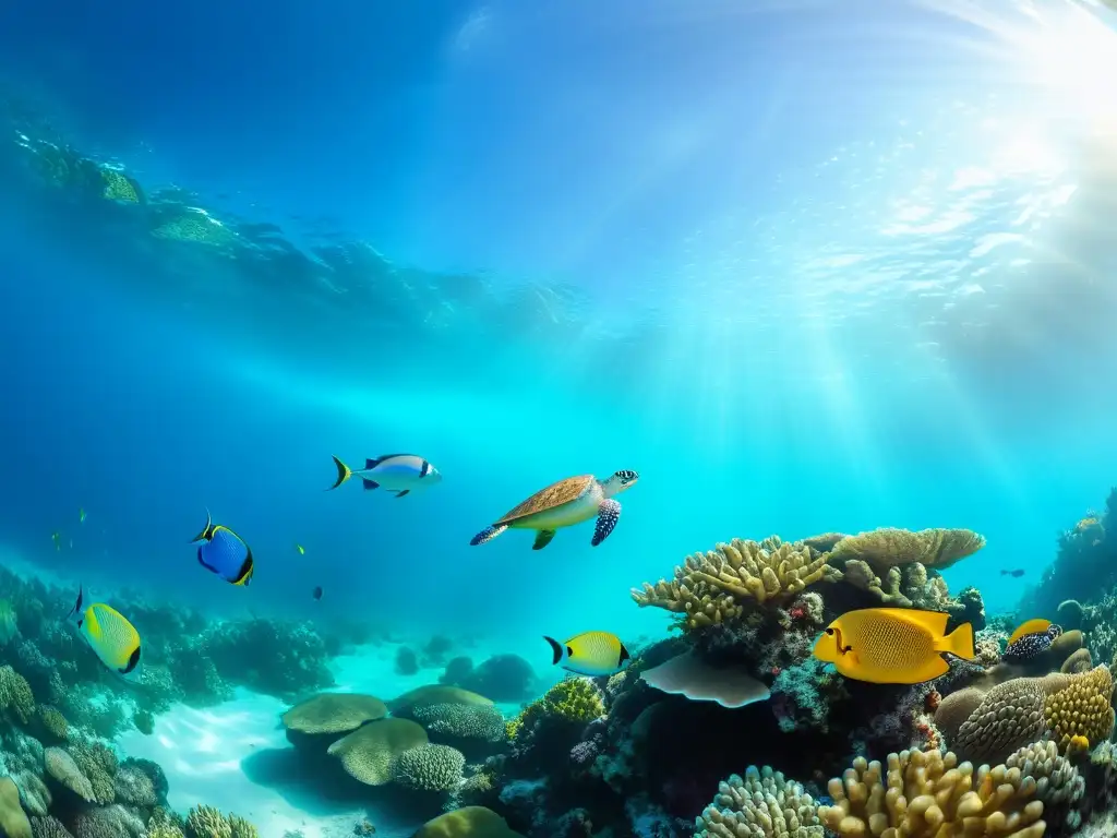 Maravilloso arrecife de coral con vida marina vibrante, peces coloridos, tortugas y caballitos de mar, en aguas turquesa