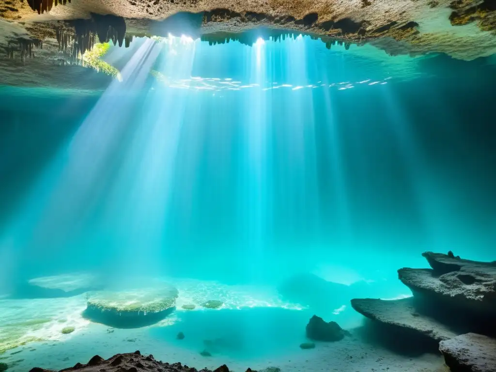 Maravilloso cenote con agua cristalina rodeado de formaciones de piedra caliza, iluminado por la luz solar