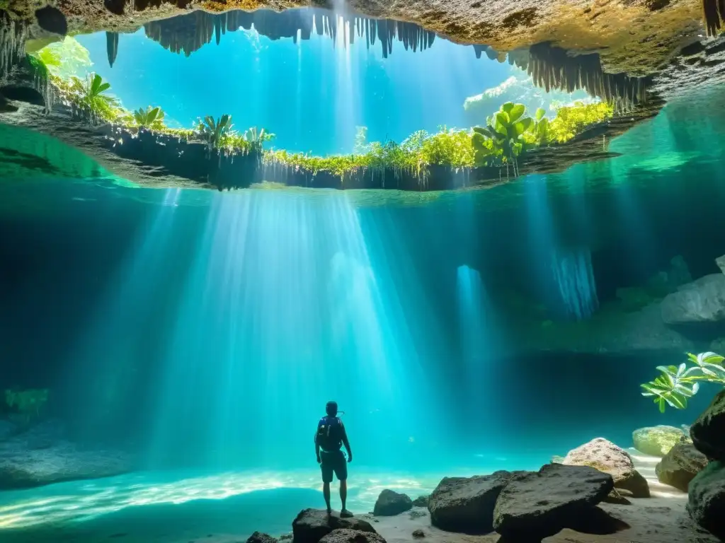 Maravilloso cenote subterráneo con agua azul cristalina rodeado de exuberante vegetación, iluminado por la luz natural