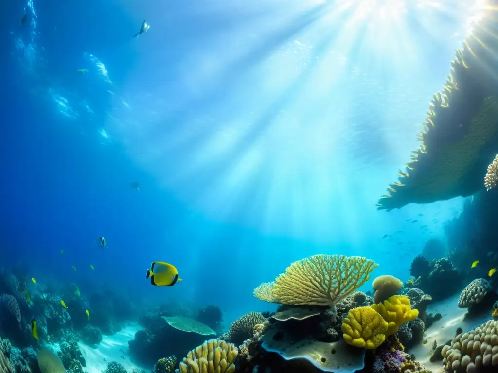 Maravilloso ecosistema marino con coral vibrante y peces azules y amarillos