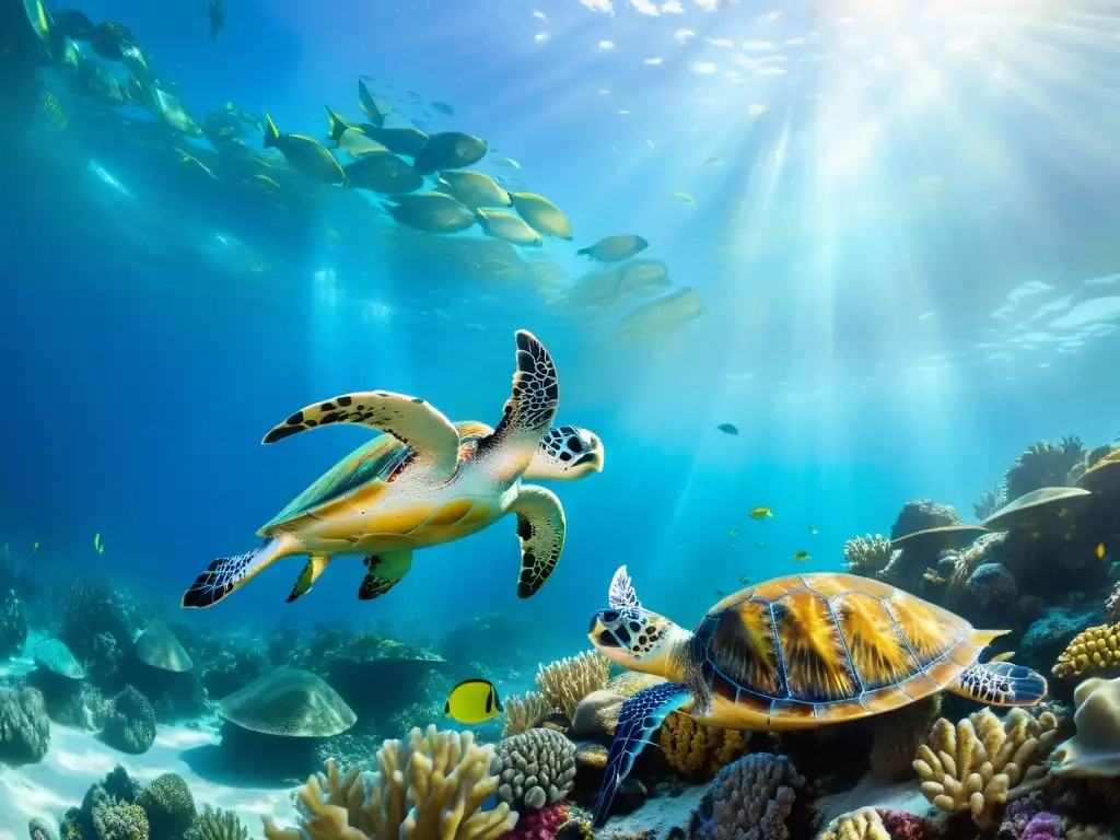 Maravilloso ecosistema marino con diversidad de vida, incluyendo corales, peces tropicales y una majestuosa tortuga marina