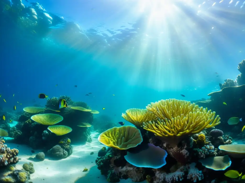 Maravilloso ecosistema marino con innovación sostenible en mariscos: coloridos peces, plantas marinas y coral en un arrecife vibrante