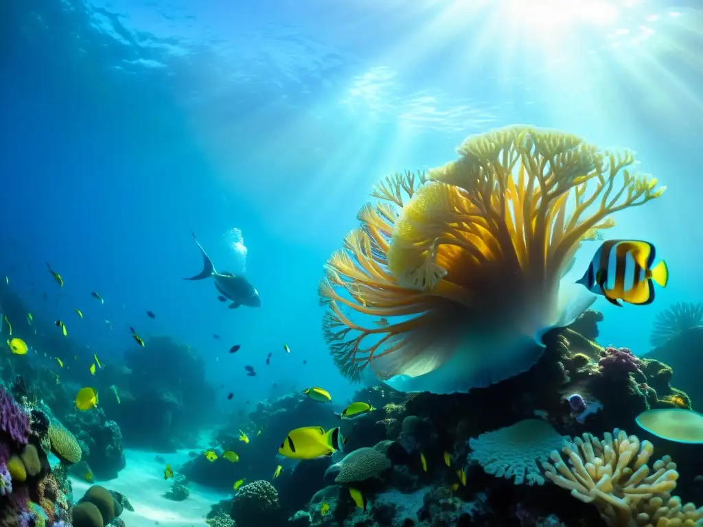 Maravilloso maridaje submarino: arrecife de coral colorido con vida marina vibrante y sol brillante filtrándose en el agua cristalina