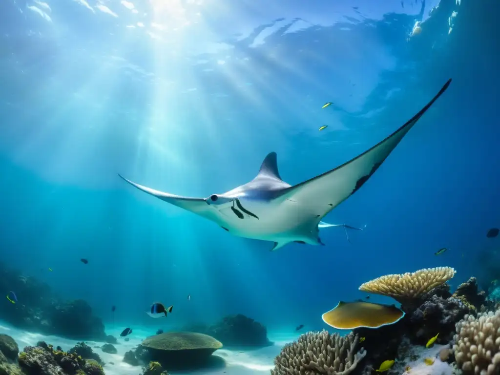 Maravilloso paisaje submarino con coral colorido, vida marina y una majestuosa raya manta