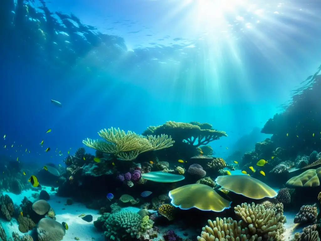 Maravilloso paisaje submarino con coral y cocolitóforos que construyen montañas marinas