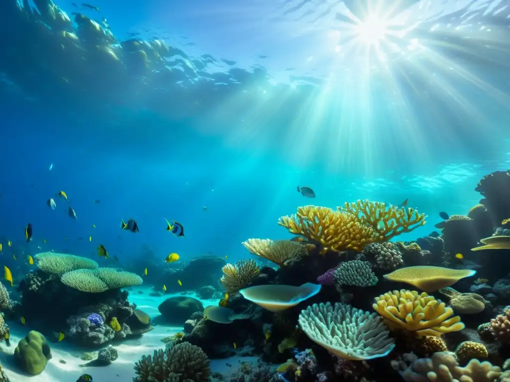 Maravilloso paisaje submarino con vibrante arrecife de coral, vida marina diversa y luz solar brillante