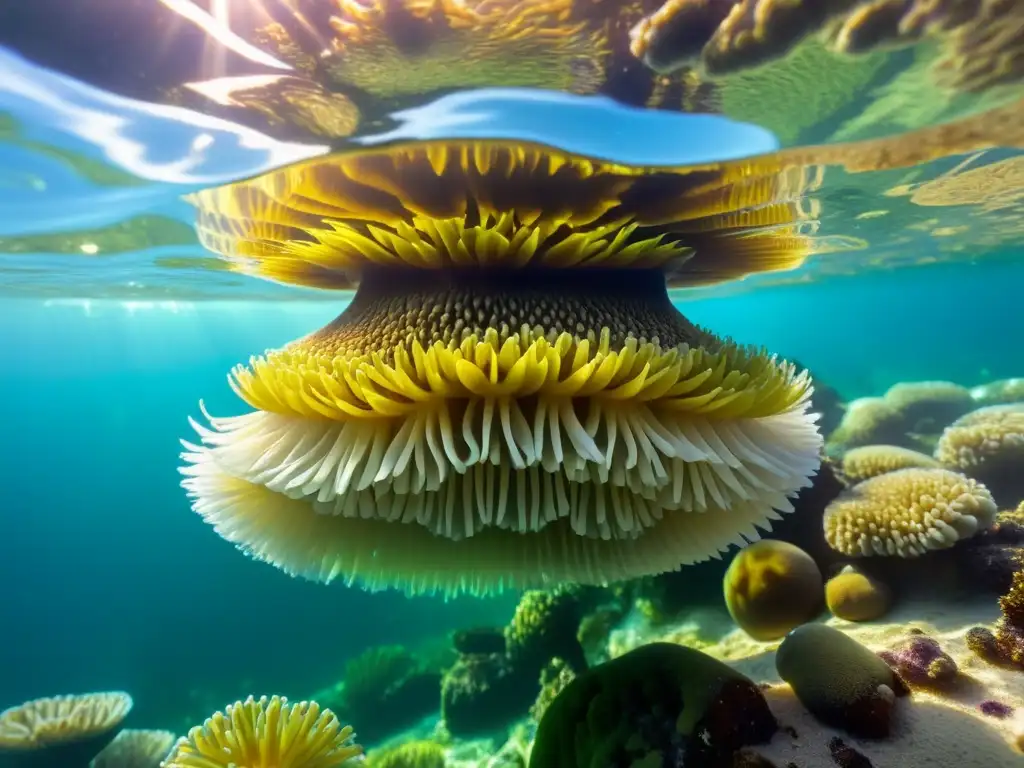 Una marea oceánica rebosante de vida: anémonas, corales y peces en un arrecife colorido bajo el agua cristalina, fotografiando vida en charcas marinas