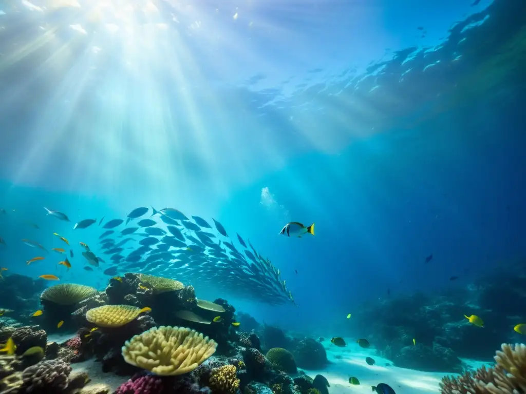 Investigación de mareas con drones oceánicos: un arrecife de coral colorido y peces vibrantes en un paisaje acuático de luz y sombra