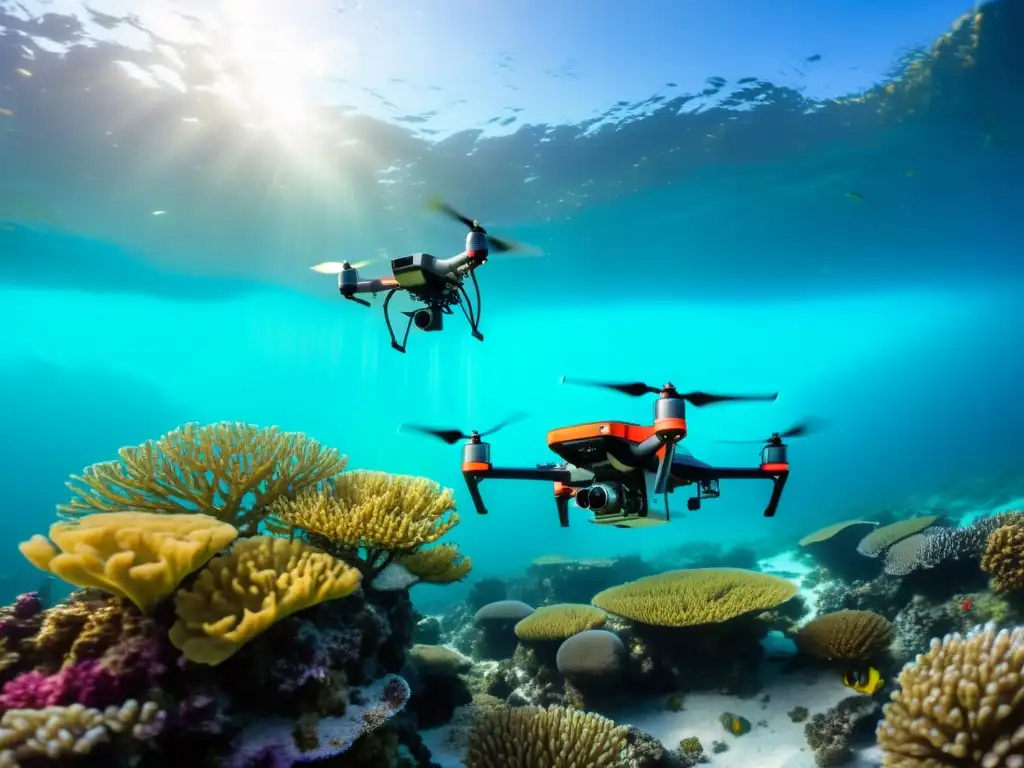 Investigación de mareas oceánicas: Equipo de investigadores maniobrando drones entre arrecifes de coral vibrantes y vida marina colorida