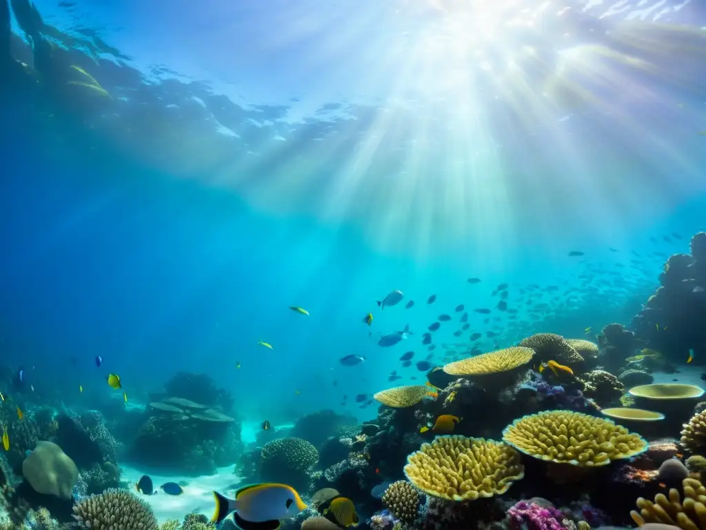 Maridaje vinos bebidas mariscos: Fotografía submarina de un vibrante arrecife de coral lleno de peces y criaturas marinas exóticas