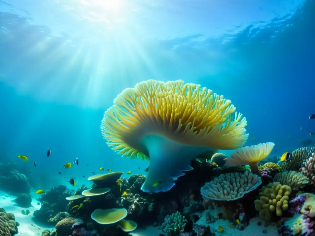 Maridaje vinos bebidas mariscos: Fotografía submarina deslumbrante de un arrecife de coral colorido rebosante de vida marina