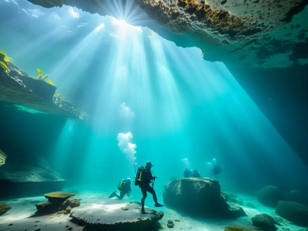 Exploración geológica de vida marina en cenotes: equipo de biólogos marinos documentando la vida submarina entre rayos de luz