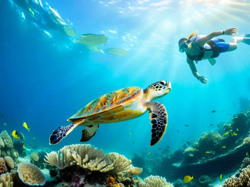 Fotografía de vida marina detallada: Un vibrante arrecife de coral lleno de vida marina, con peces tropicales, plantas marinas y una majestuosa tortuga marina