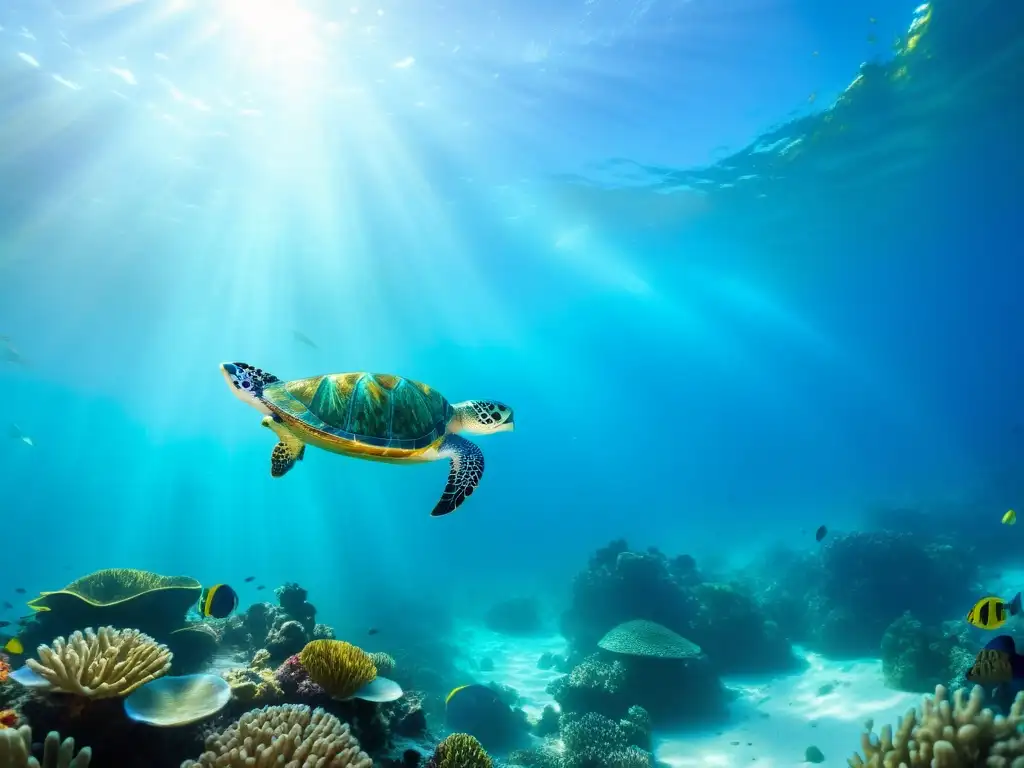 Fotografía de vida marina flotabilidad: Escena submarina vibrante con coral colorido, cardúmenes de peces y una tortuga nadando con gracia