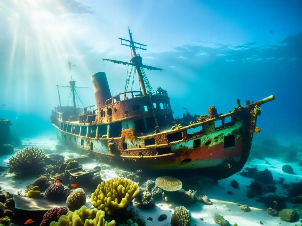 Exploración marina: Naufragio olvidado cubierto de coral y rodeado de peces en el fondo del mar, evocando misterio y belleza