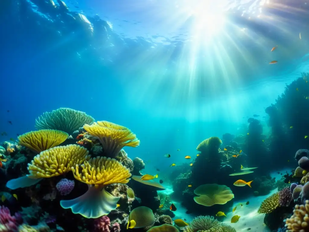 Fotografía de vida marina flotando en un vibrante arrecife de coral, repleto de coloridos peces y plantas acuáticas