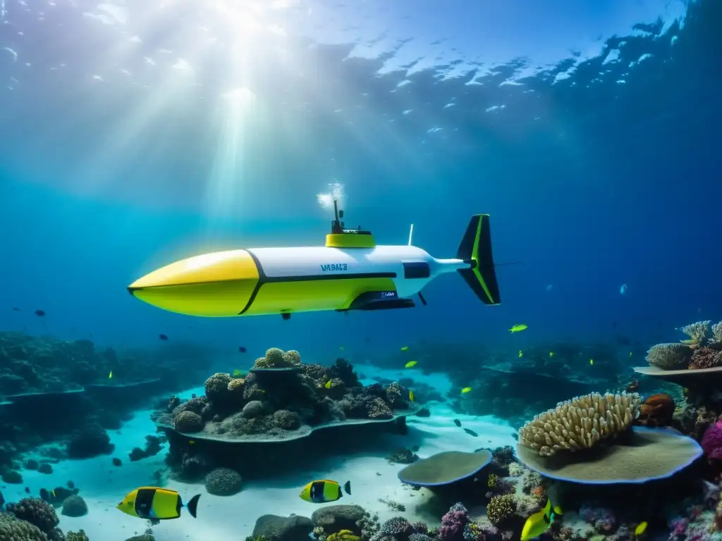 Exploración submarina: AUVs en ambiente marino vibrante, destacando gestión de datos submarinos autónomos