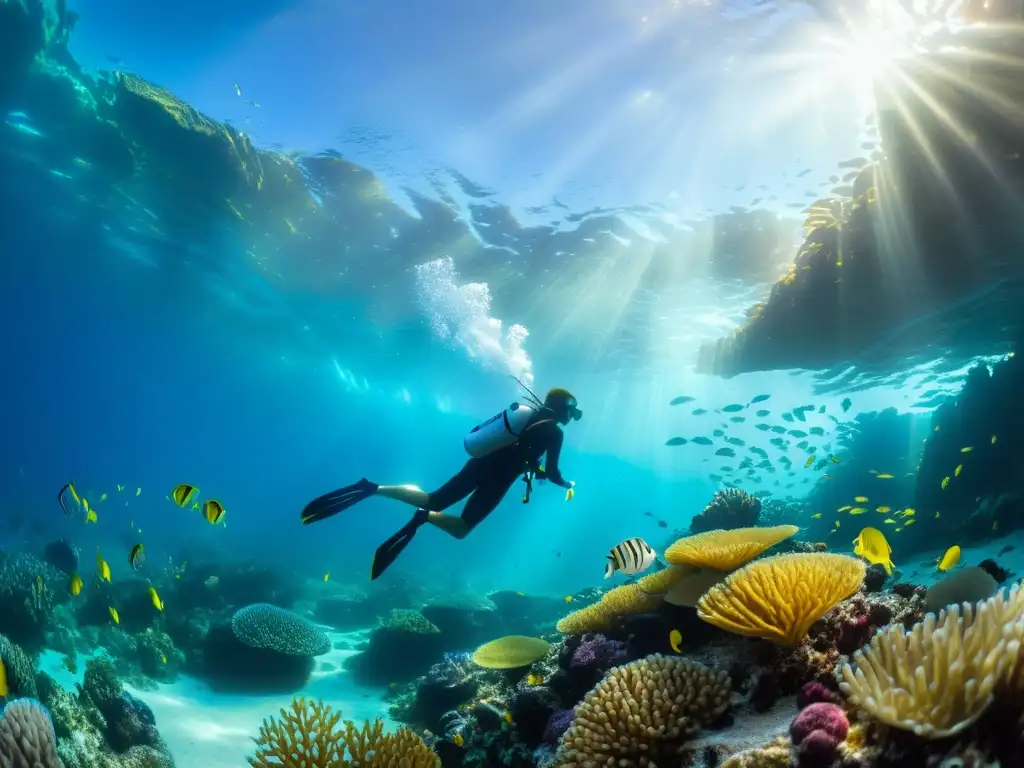 Un hábitat marino vibrante y diverso con coloridos arrecifes de coral, plantas marinas y vida marina