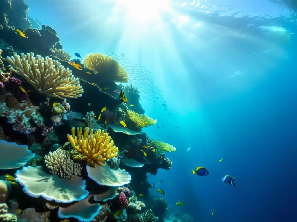 Compra mariscos frescos sostenibles y sumérgete en la belleza del arrecife de coral con peces coloridos y vida marina vibrante bajo la luz del sol