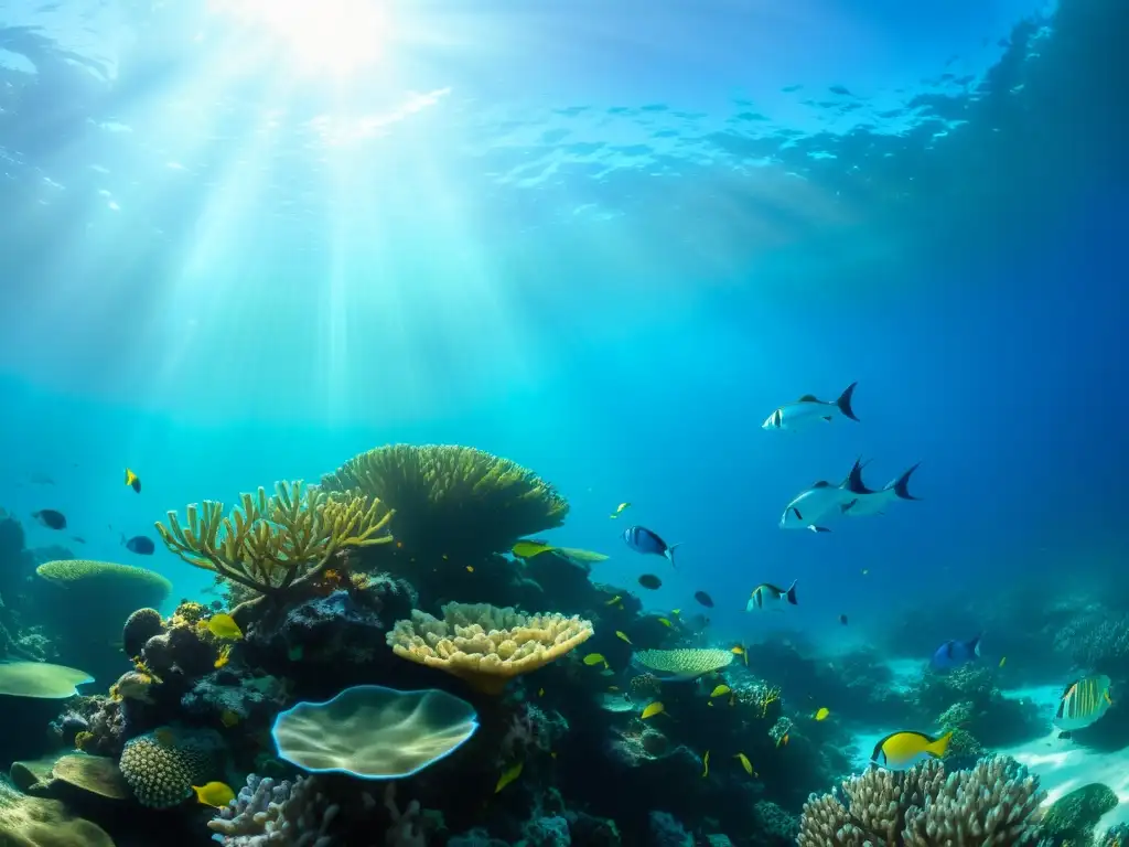 Mariscos sostenibles para presentación: Hermoso arrecife de coral repleto de vida marina colorida y exótica, bajo el agua cristalina