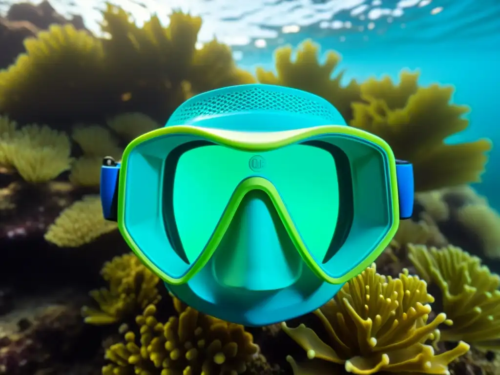 Máscara de buceo personalizada con impresión 3D en vibrantes colores azules y verdes, en un impresionante paisaje submarino