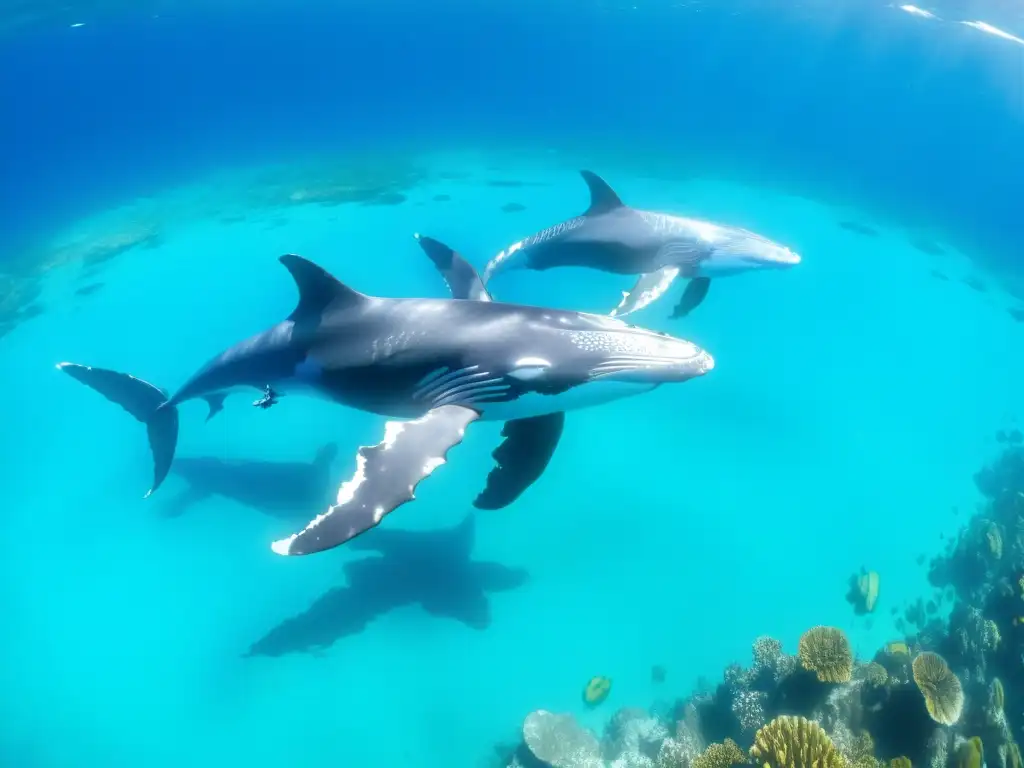 Medidas para salvar especies marinas: Manada de majestuosas ballenas jorobadas nadando grácilmente en aguas turquesas, con cuerpos masivos visibles bajo la superficie mientras se deslizan sin esfuerzo a través del océano, con un arrecife de coral vibrante de