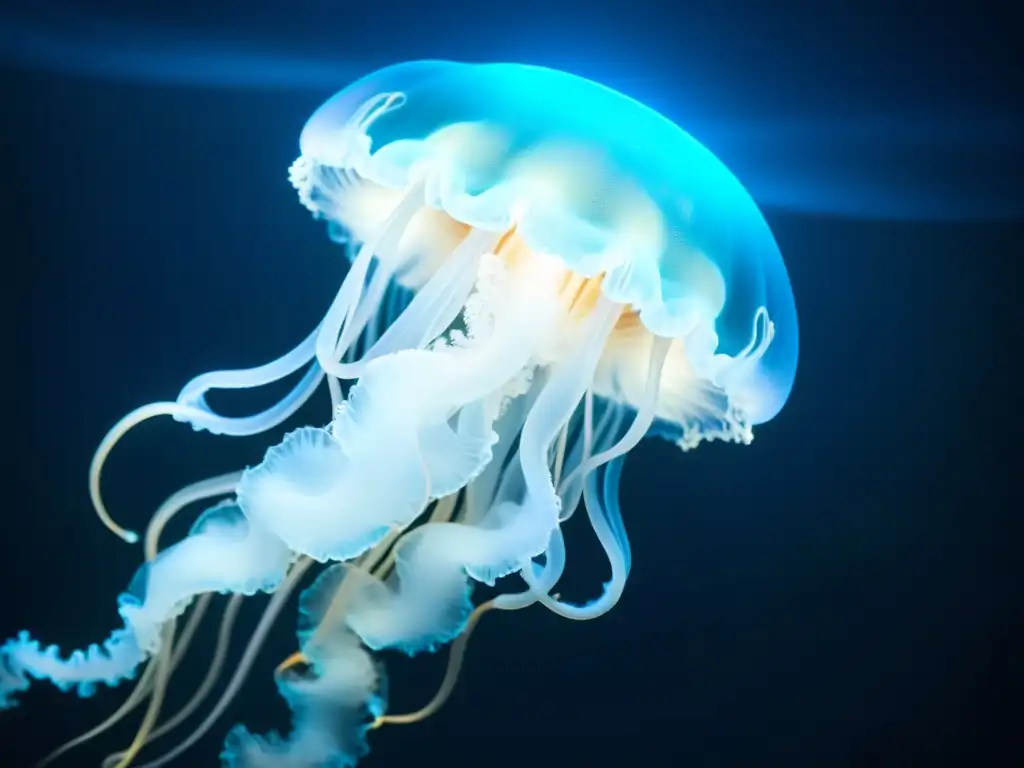 Una medusa bioluminiscente flotando en la misteriosa oscuridad del océano, destacando la resiliencia genética de la vida marina