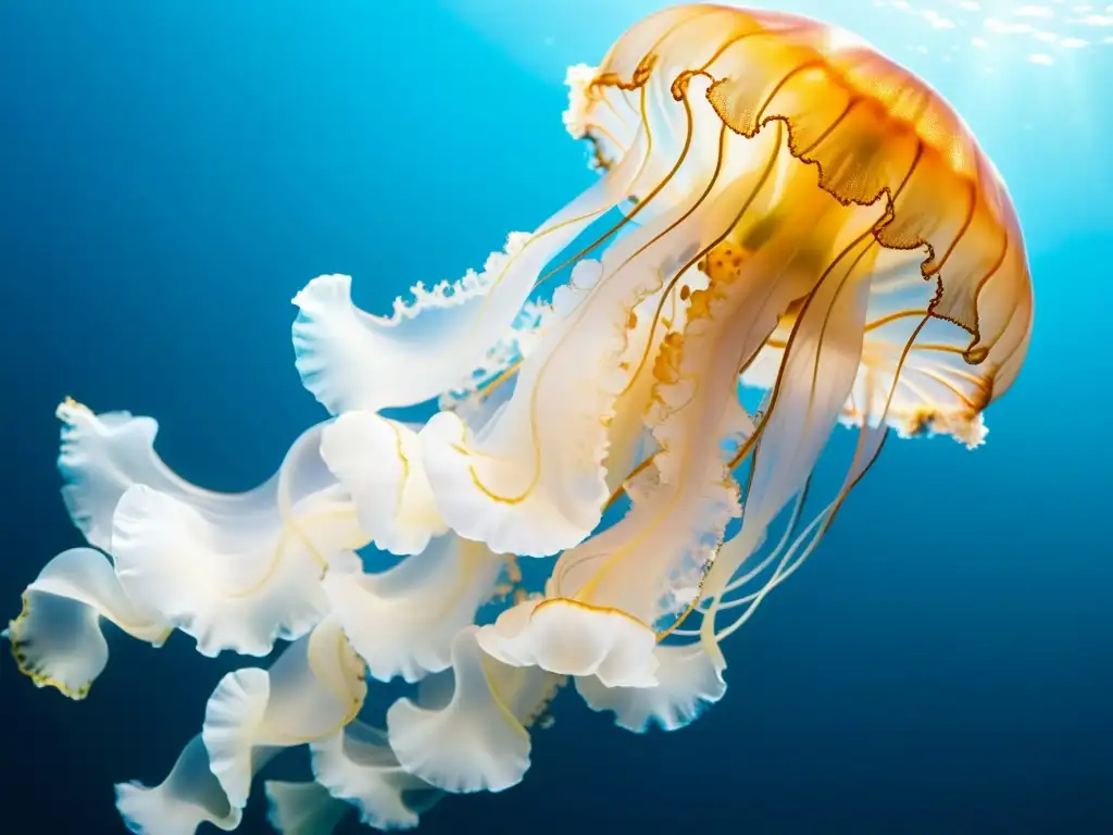 Una medusa hipnótica se desplaza elegantemente en aguas azules, capturando la serenidad del movimiento