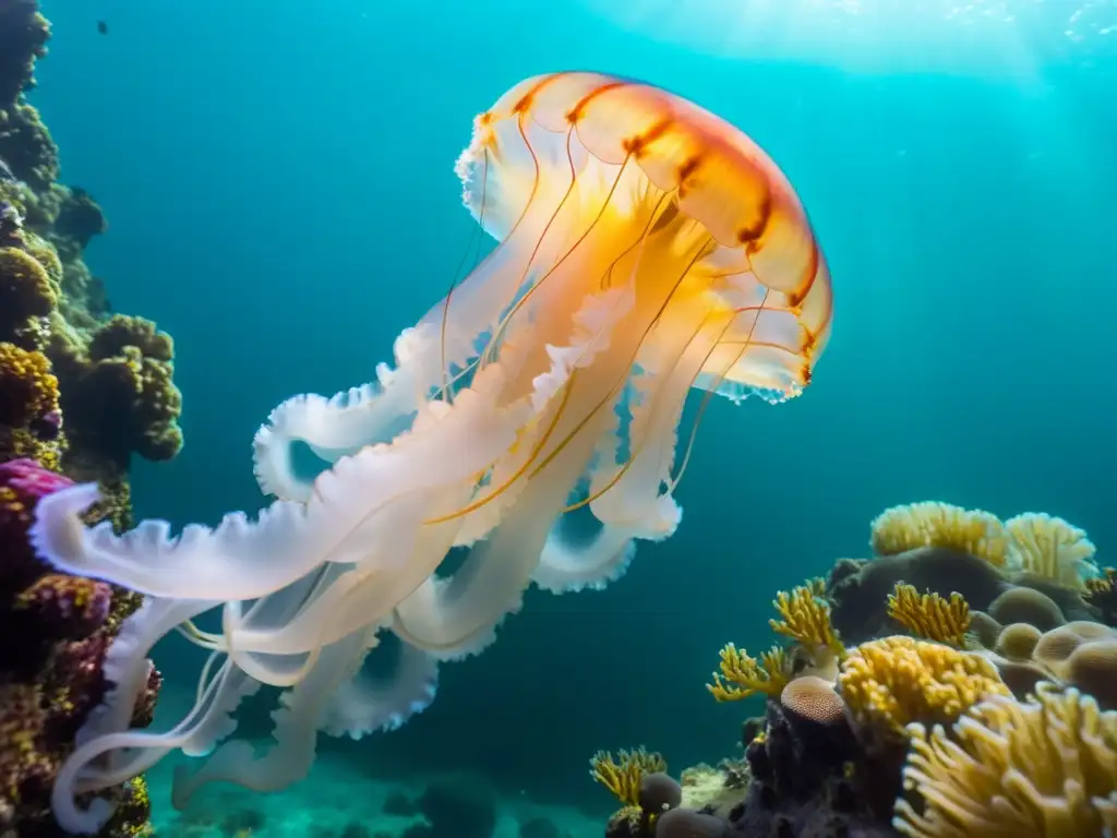 Una medusa translúcida flota grácilmente en el océano, iluminada por la luz solar