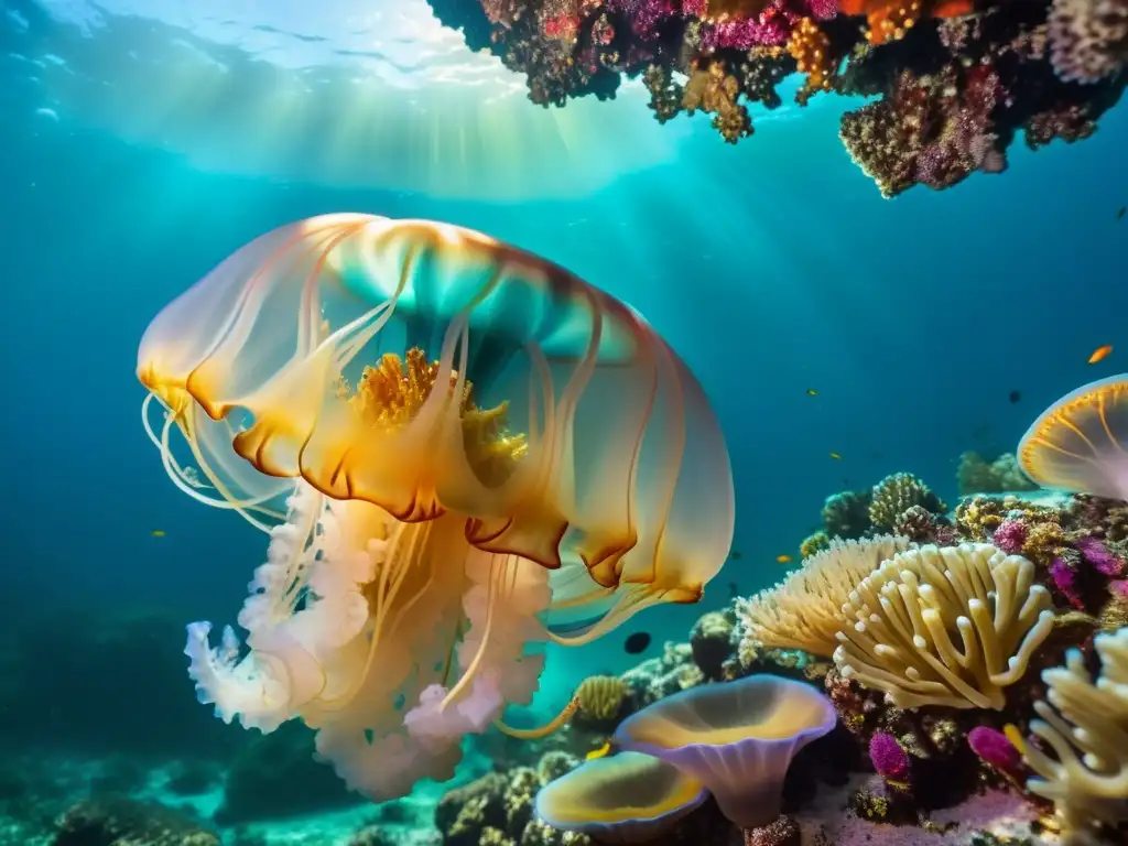 Una medusa translúcida y iridiscente flota elegantemente entre un arrecife de coral colorido