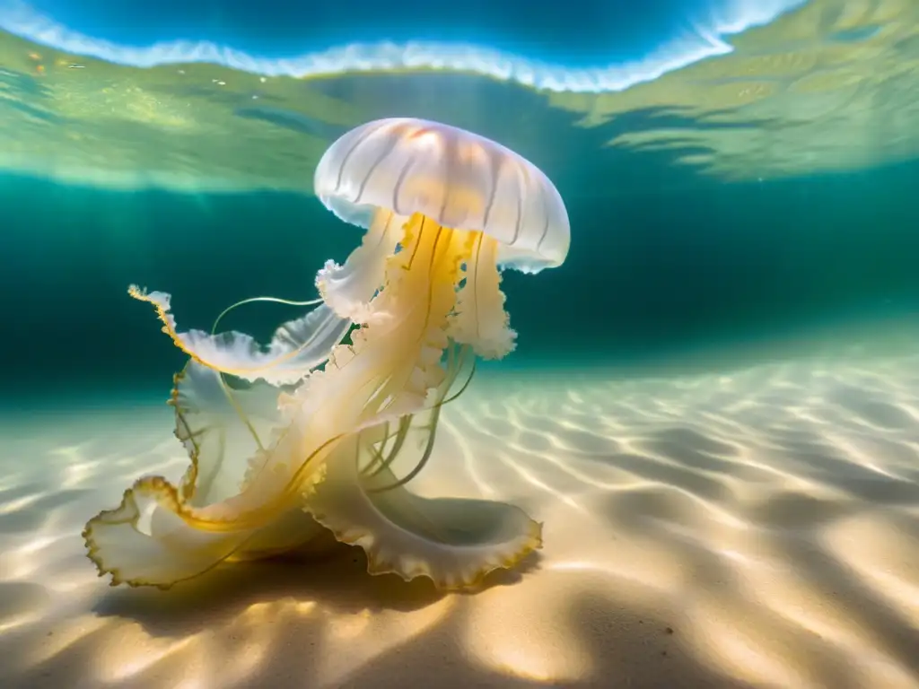 Una medusa translúcida flotando graciosamente bajo la luz del sol filtrada en el agua