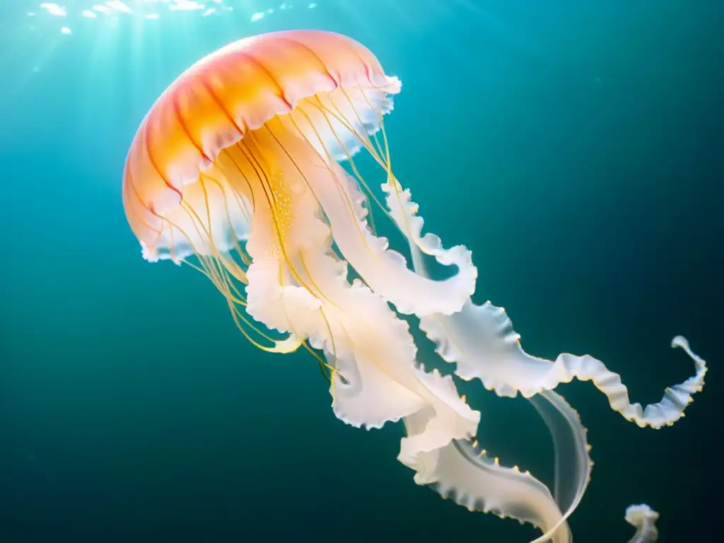 Una medusa translúcida flotando grácilmente en las profundidades del océano, iluminada por la luz solar