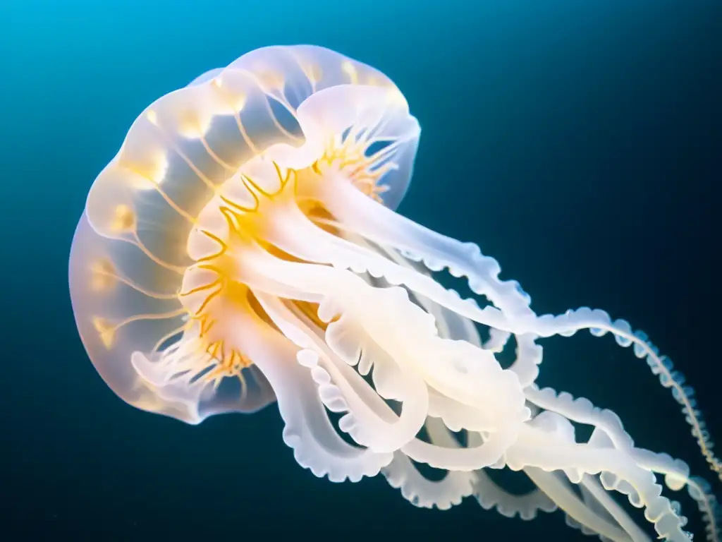 Una medusa Turritopsis en el océano, con su cuerpo translúcido iluminado por el sol