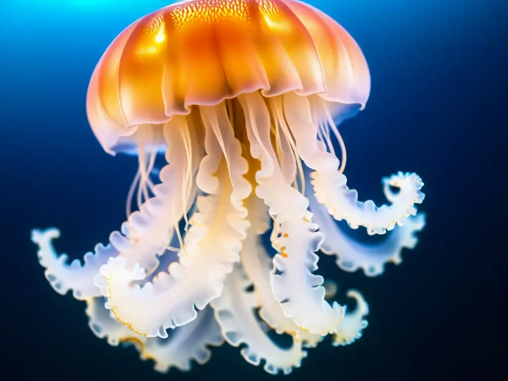 Una medusa Turritopsis dohrnii flotando en el océano, con sus tentáculos iridiscentes y vibrantes corales