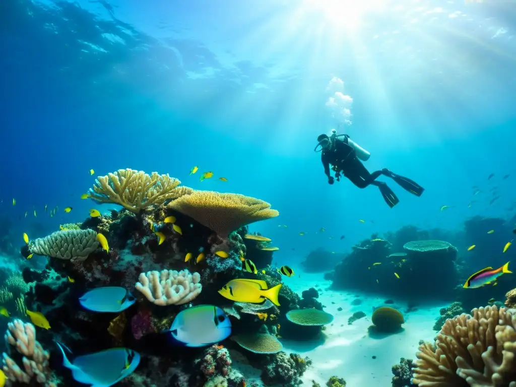 Explora los mejores destinos de buceo para principiantes en un arrecife de coral vibrante con peces tropicales y aventureros submarinos